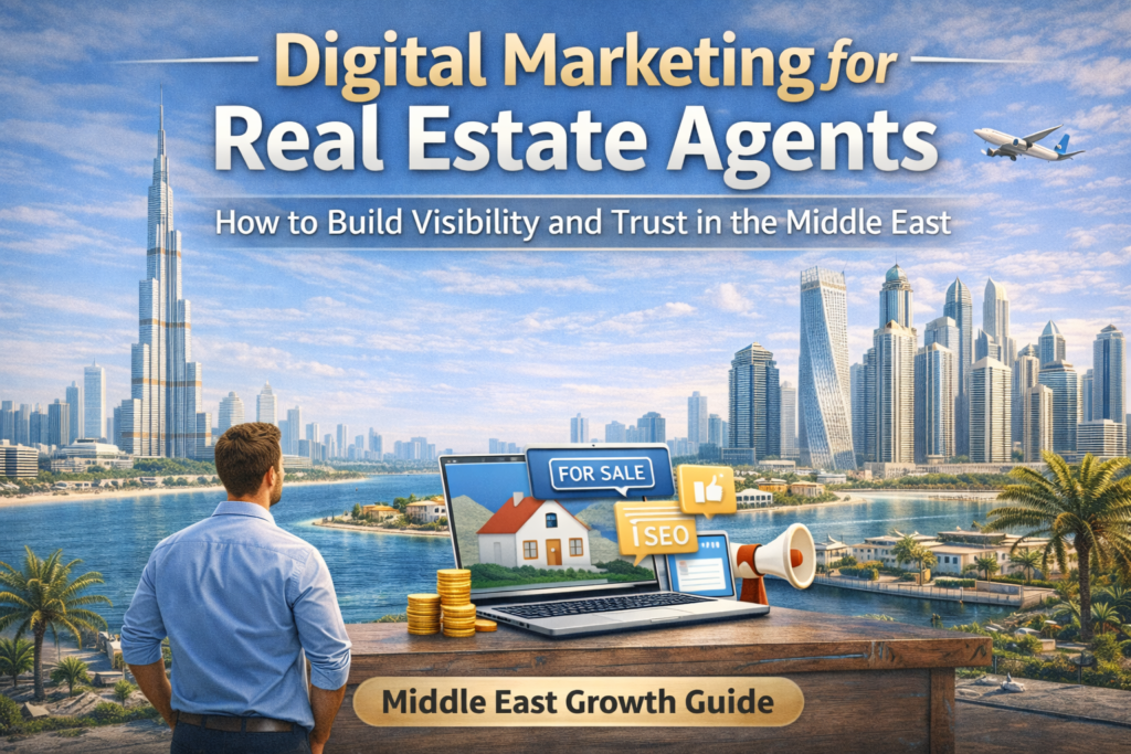 Digital marketing for real estate agents illustrated with Middle East skyline, showcasing online visibility, branding, and property marketing strategy.