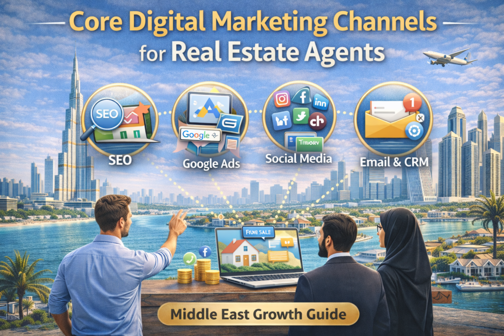 Core digital marketing channels for real estate agents including SEO, Google Ads, social media, and CRM systems in the Middle East real estate industry.