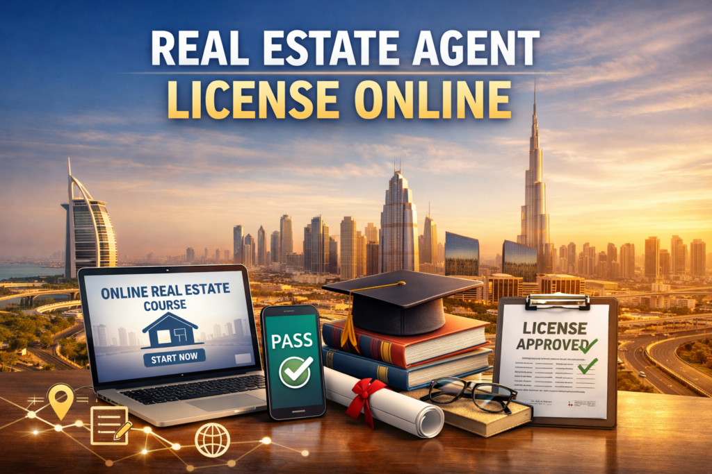 Real estate agent license online guide featuring Dubai skyline, online real estate course, exam pass, and license approval concept