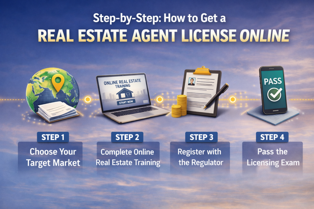 Real estate agent license online in Dubai explained with RERA licensing, regulatory requirements, and Dubai real estate market visuals
