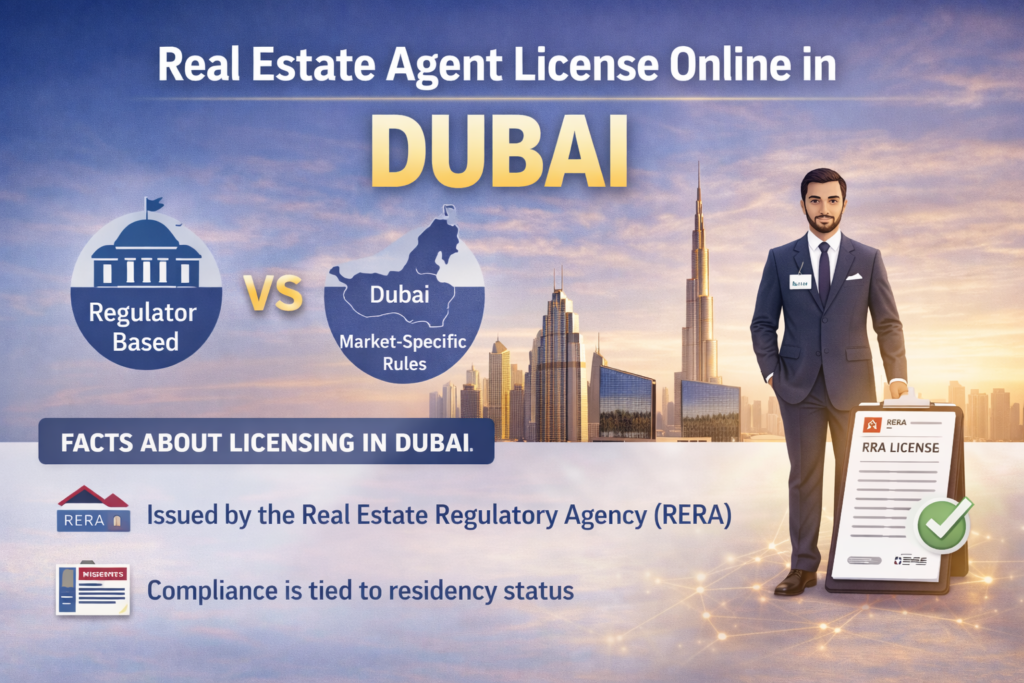 Real estate agent license online in Dubai explained with RERA licensing, regulatory requirements, and Dubai real estate market visuals