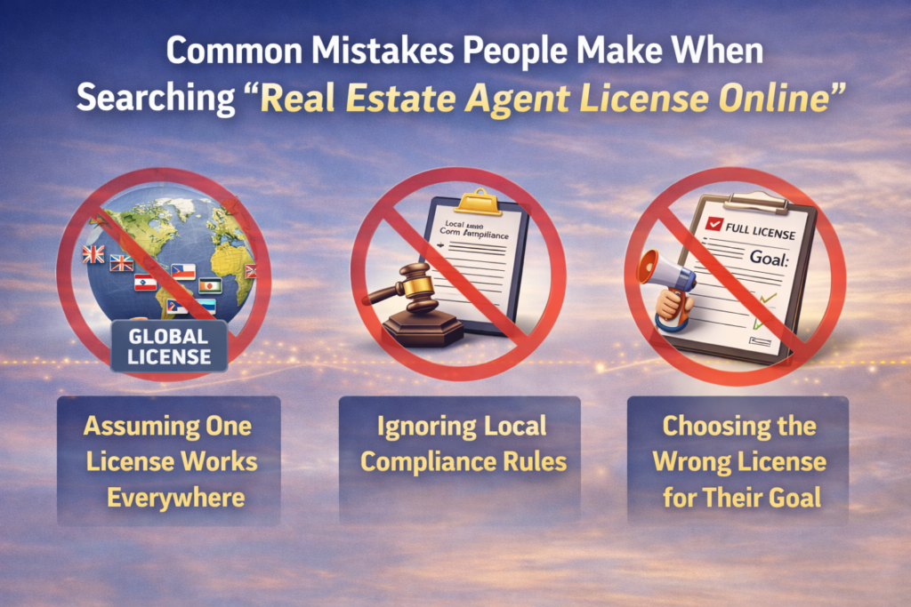 Common mistakes when searching for a real estate agent license online including global license myths and local compliance errors