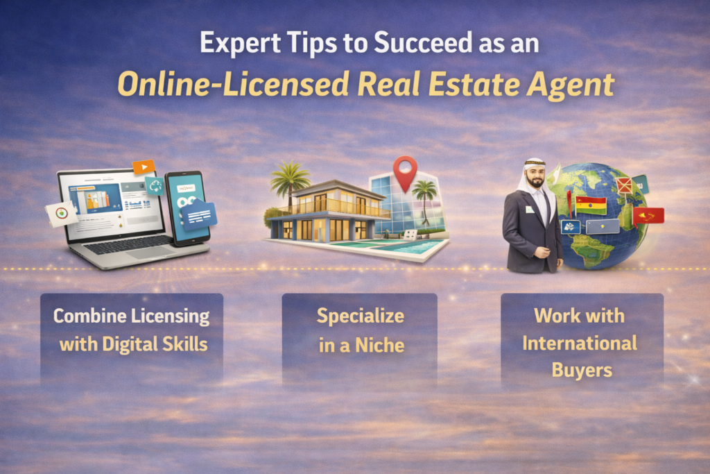Expert tips to succeed with a real estate agent license online including digital skills, niche specialization, and international buyers