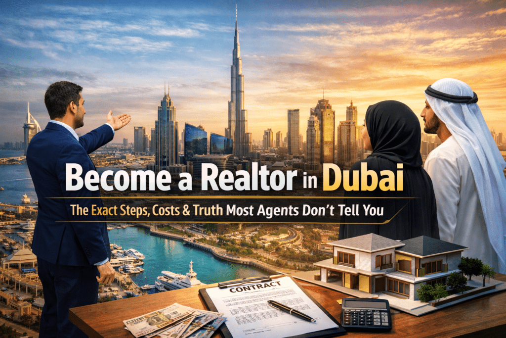Become a Realtor in Dubai illustrated with a real estate agent presenting Dubai skyline, Burj Khalifa, property contract, and investment elements