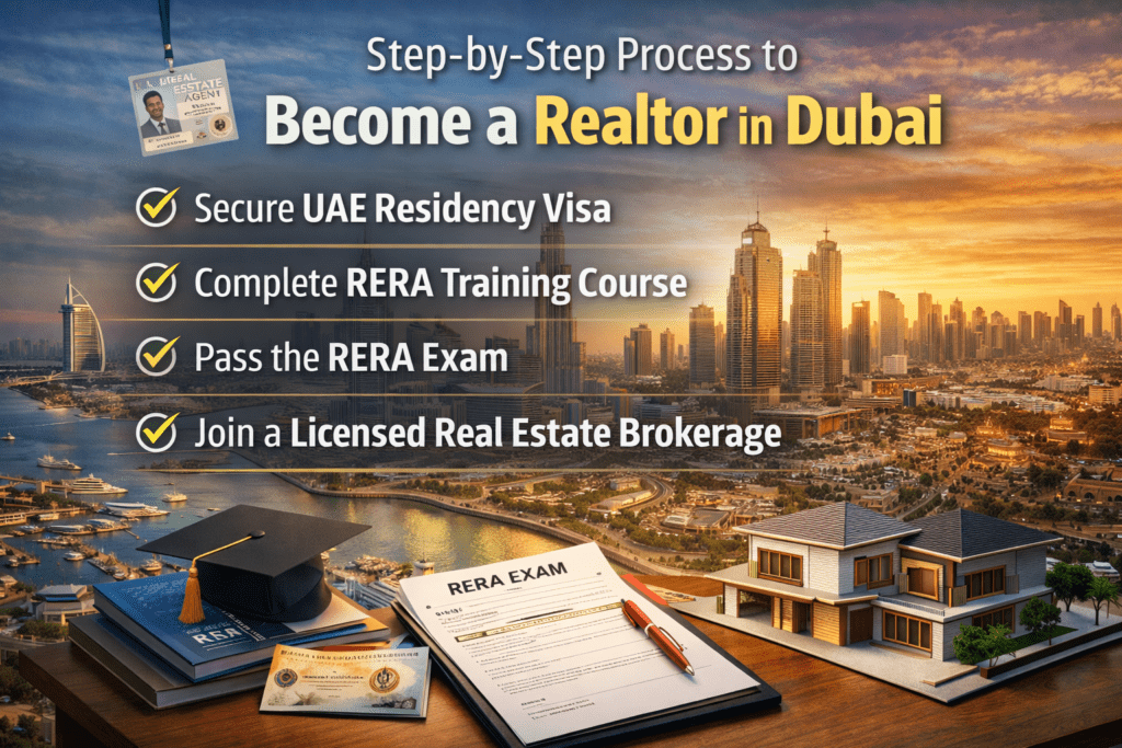 Step-by-step process to become a Realtor in Dubai showing UAE residency visa, RERA training, exam preparation, and licensed real estate brokerage