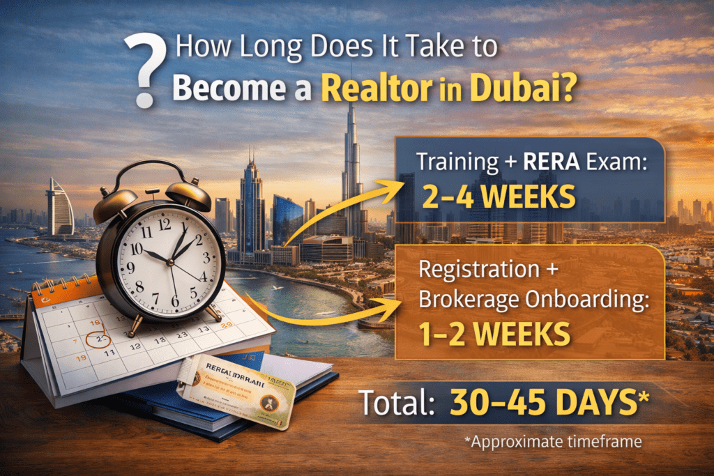 Timeline showing how long it takes to become a Realtor in Dubai, including RERA training, exam duration, registration, and brokerage onboarding