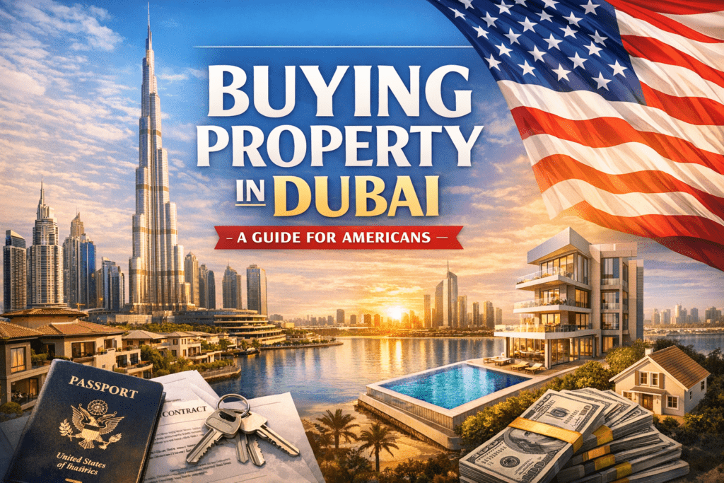 American investor planning to buy property in Dubai with skyline view of Burj Khalifa, luxury villa, passport, keys, and US flag representing international real estate investment.