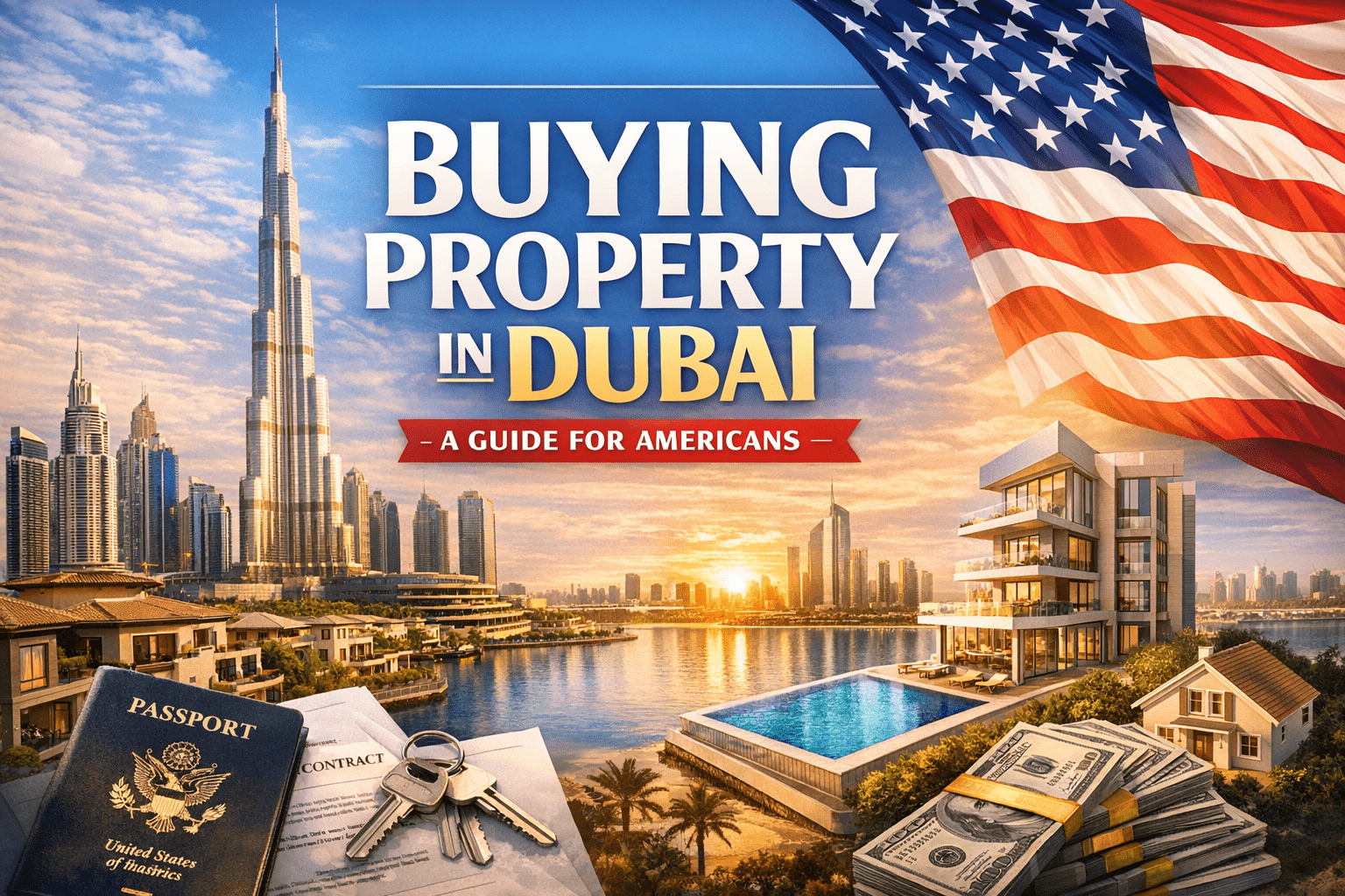 American investor planning to buy property in Dubai with skyline view of Burj Khalifa, luxury villa, passport, keys, and US flag representing international real estate investment.