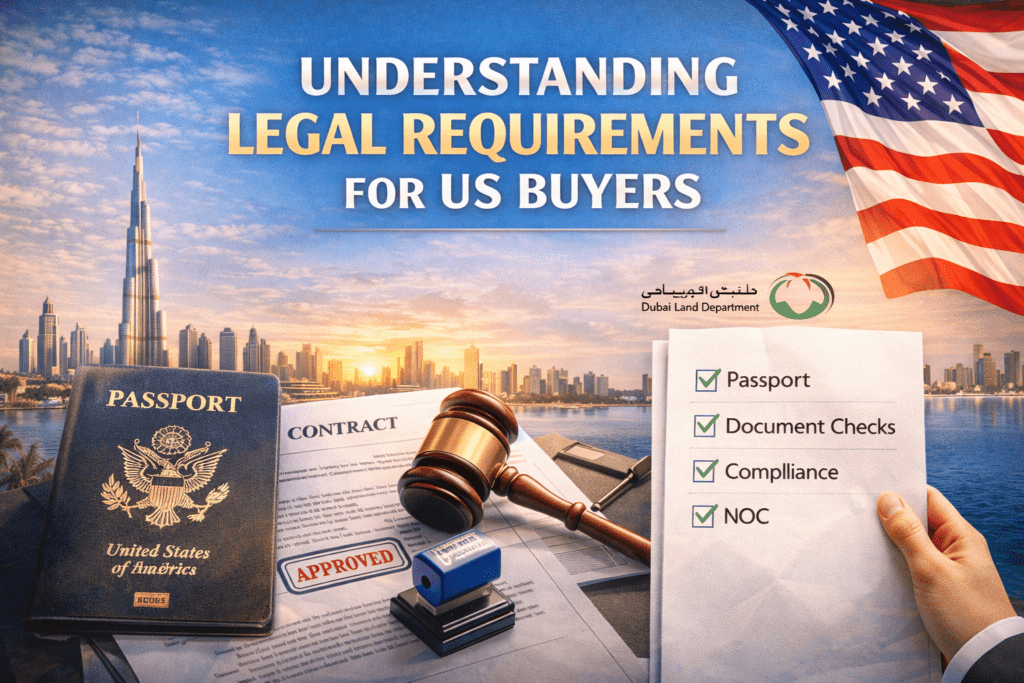 Legal documents, passport, contract, and Dubai skyline illustrating legal requirements for Americans looking to buy property in Dubai.