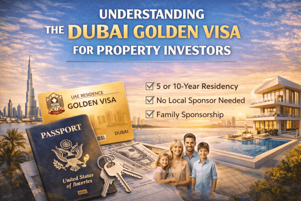 Dubai Golden Visa card, passport, luxury villa, and skyline showing residency benefits for investors who buy property in Dubai.