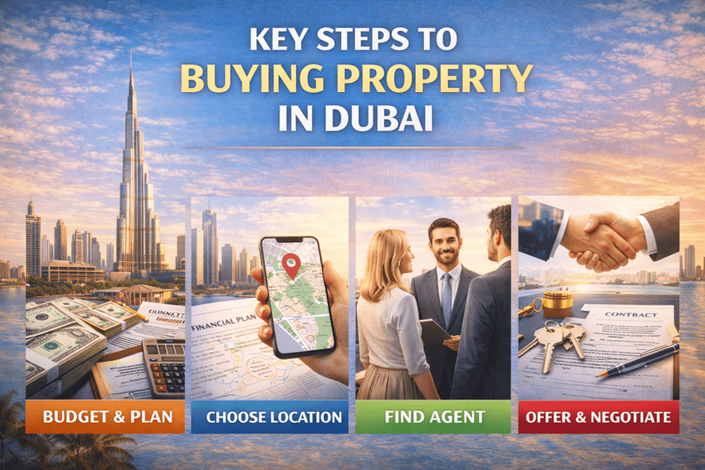 Step-by-step process to buy property in Dubai showing budgeting, choosing location, working with agent, and signing contract.
