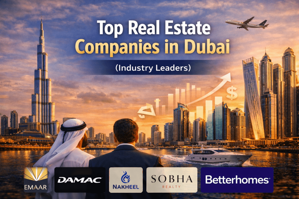 Top real estate companies in Dubai industry leaders represented with major developers and Dubai skyline background